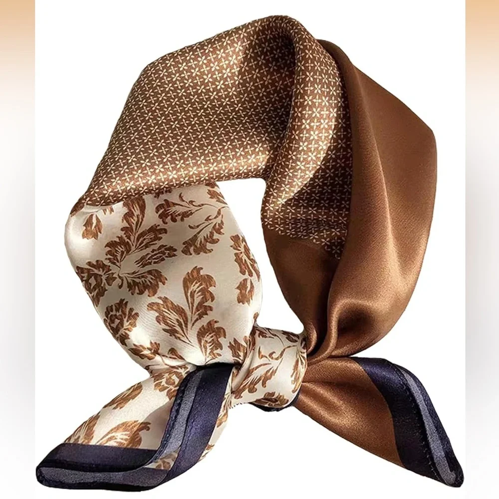 Brown & Cream Patterned Silk Scarf 100% Real Mulberry Silk Women Small 21